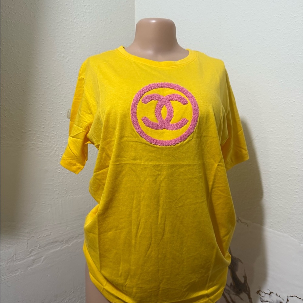 CHANEL Yellow Tee with Pink Logo